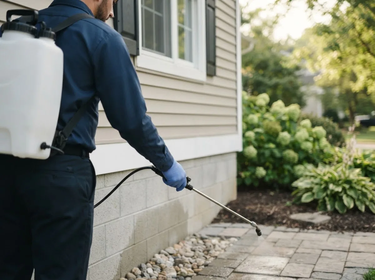 Pest control technician inspecting a home in Driscoll, TX
